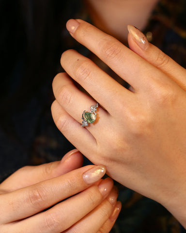 GROVENA Nature Inspired Pear Cut Moss Agate Leafy Engagement Ring