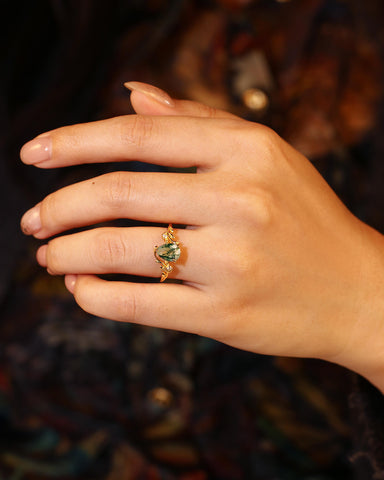 GROVENA Nature Inspired Pear Cut Moss Agate Leafy Engagement Ring