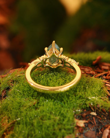 YUNA Unique Three Stone Pear Cut Moss Agate Twist Engagement Ring