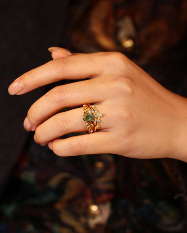 FORESTINA Nature Inspired Oval Cut Leafy Moss Agate Ring Set 2pcs