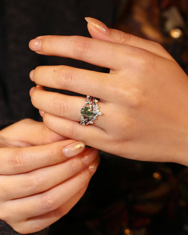 FORESTINA Nature Inspired Oval Cut Leafy Moss Agate Ring Set 2pcs