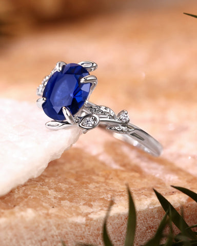 FLORENCE Oval Cut Blue Sapphire Flower & Leafy Engagement Ring