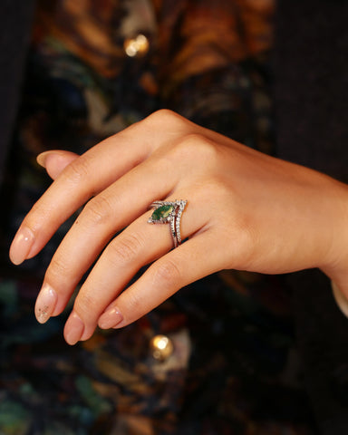 CELIA Natuer Inspired Marquise Cut Moss Agate Engagement Ring Set with Curved Wedding Band
