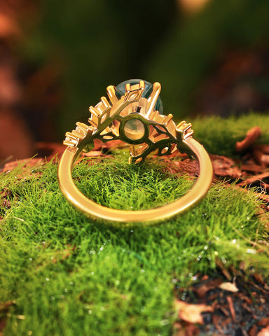 ODESSA Natural Oval Moss Agate Bypass Leaf Engagement Ring