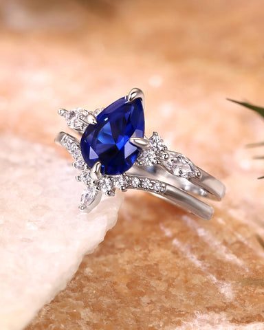 LORRAINE Pear Cut Blue Sapphire Vintage Bridal Set 2pcs