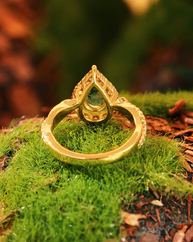 ANTHEA Halo Pear Cut Moss Agate Nature Inspired Engagement Ring