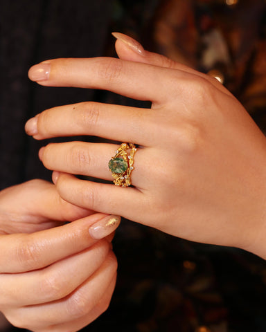 IVYANA Oval Cut Moss Agate Ring Set Nature Inspired Leaf Bridal Ring Set