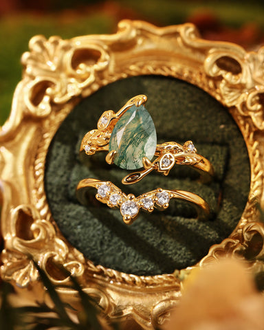 LAVANDE Pear Cut Moss Agate Leafy Flower Engagement Ring Set 2pcs