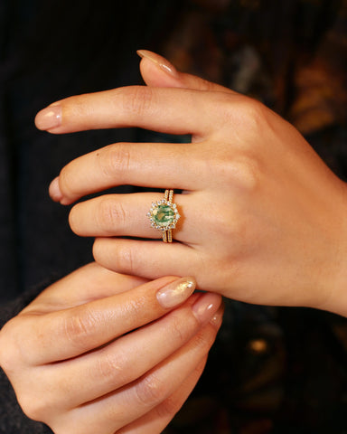 BRYONY Unique Halo Round Shaped Moss Agate Floral Engagement Bridal ring set