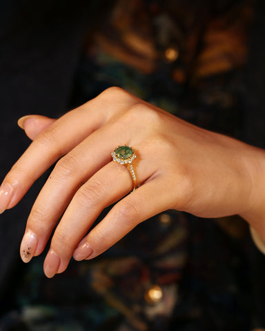 AENYA Round Moss Agate Floral Halo Engagement Ring