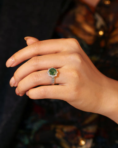 BRYONY Unique Halo Round Shaped Moss Agate Floral Engagement Bridal ring set