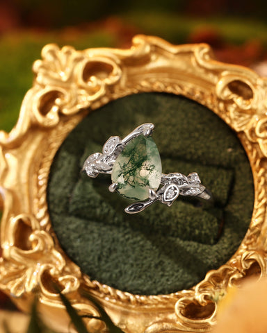 LAVANDE Pear Cut Moss Agate Vine Leafy & Flower Engagement Ring