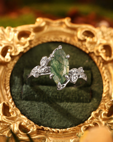 FLORENTINA Floral Garden Marquise Cut Moss Agate Bypass Engagement Ring