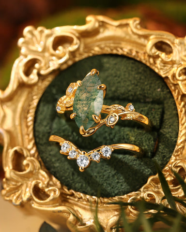 FLORENTINA Garden Fairy Marquise Cut Moss Agate Leafy Floral Cluster Wedding Ring Set 2pcs