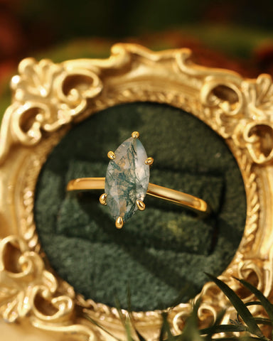 VERNA Marquise Moss Agate Solitaire Engagement Ring
