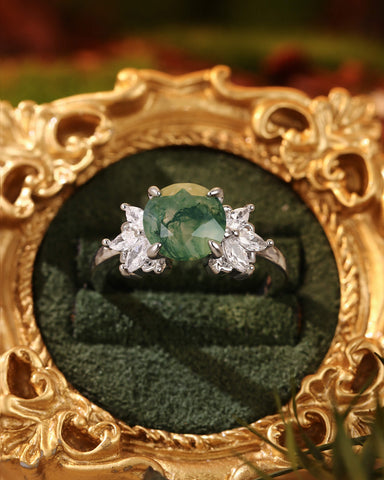 ROSABELLA Round Cut Natural Moss Agate Engagement Ring