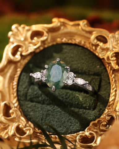 YSOLDE Nature Inspired Oval Cut Moss Agate Classic Engagement Ring