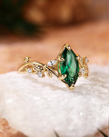 SYLVAIN Forest Fairy Marquise Cut Green Emerald Leafy Engagement Ring