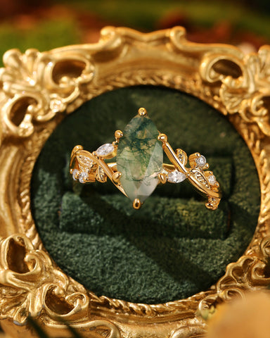 MARCELLA Nature Inspired Marquise Moss Agate Leafy Twist Engagement Ring