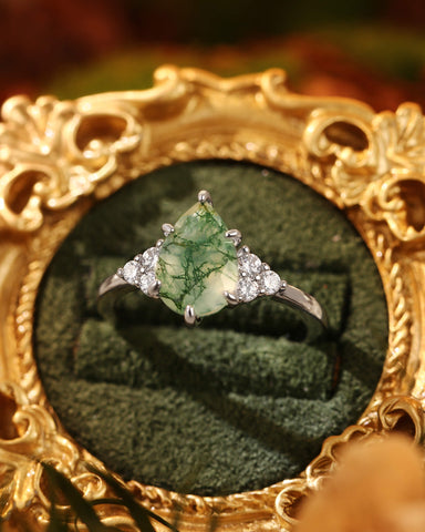 CLOVER Pear Cut Moss Agate Classic Engagement Ring
