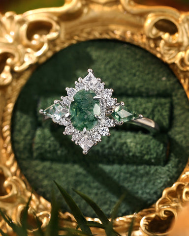 KISMET Moss Agate Oval & Kite Cut Cluster Vintage Engagement Ring