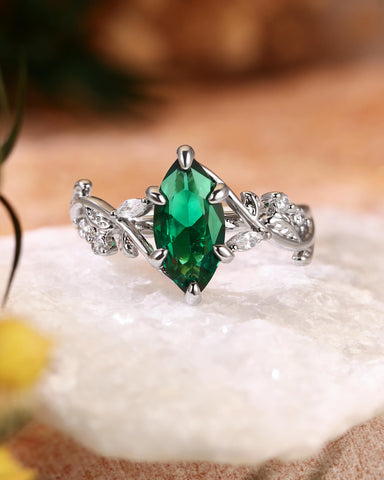 SYLVAIN Forest Fairy Marquise Cut Green Emerald Leafy Engagement Ring
