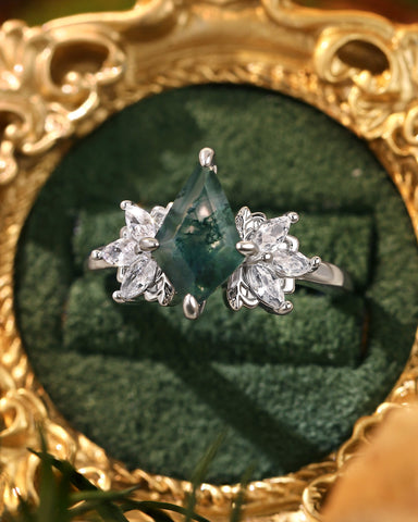 KALEA  Wind Fairy Kite Cut Moss Agate Cluster Leafy Engagement Ring