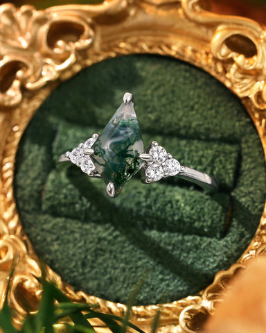 KIT Non-traditional Kite Cut Moss Agate Cluster Engagement Ring