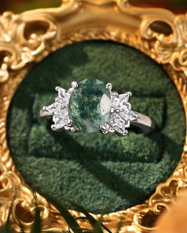 OLEA Oval Cut Moss Agate Cluster Leafy Engagement Ring
