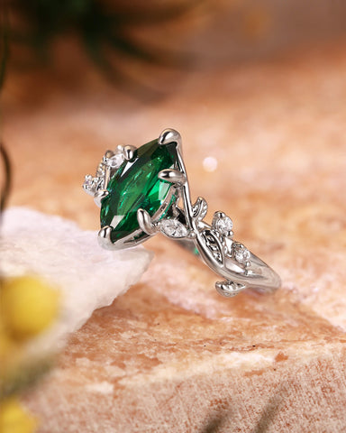 SYLVAIN Forest Fairy Marquise Cut Green Emerald Leafy Engagement Ring