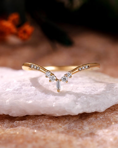 VEDA Baguette & Round Moissanite Curved Wedding Band V Shaped Stacking Ring