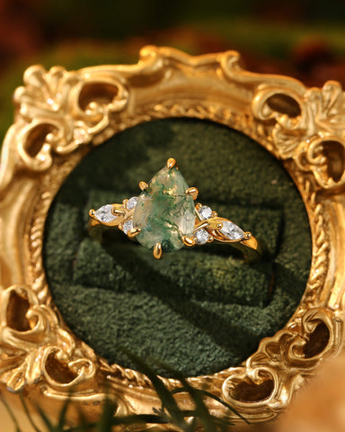YUNA Unique Three Stone Pear Cut Moss Agate Twist Engagement Ring