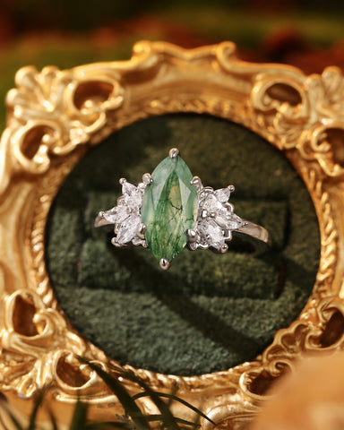 MONIQUE Forest Fairy Marquise Cut Moss Agate Cluster Engagement Ring