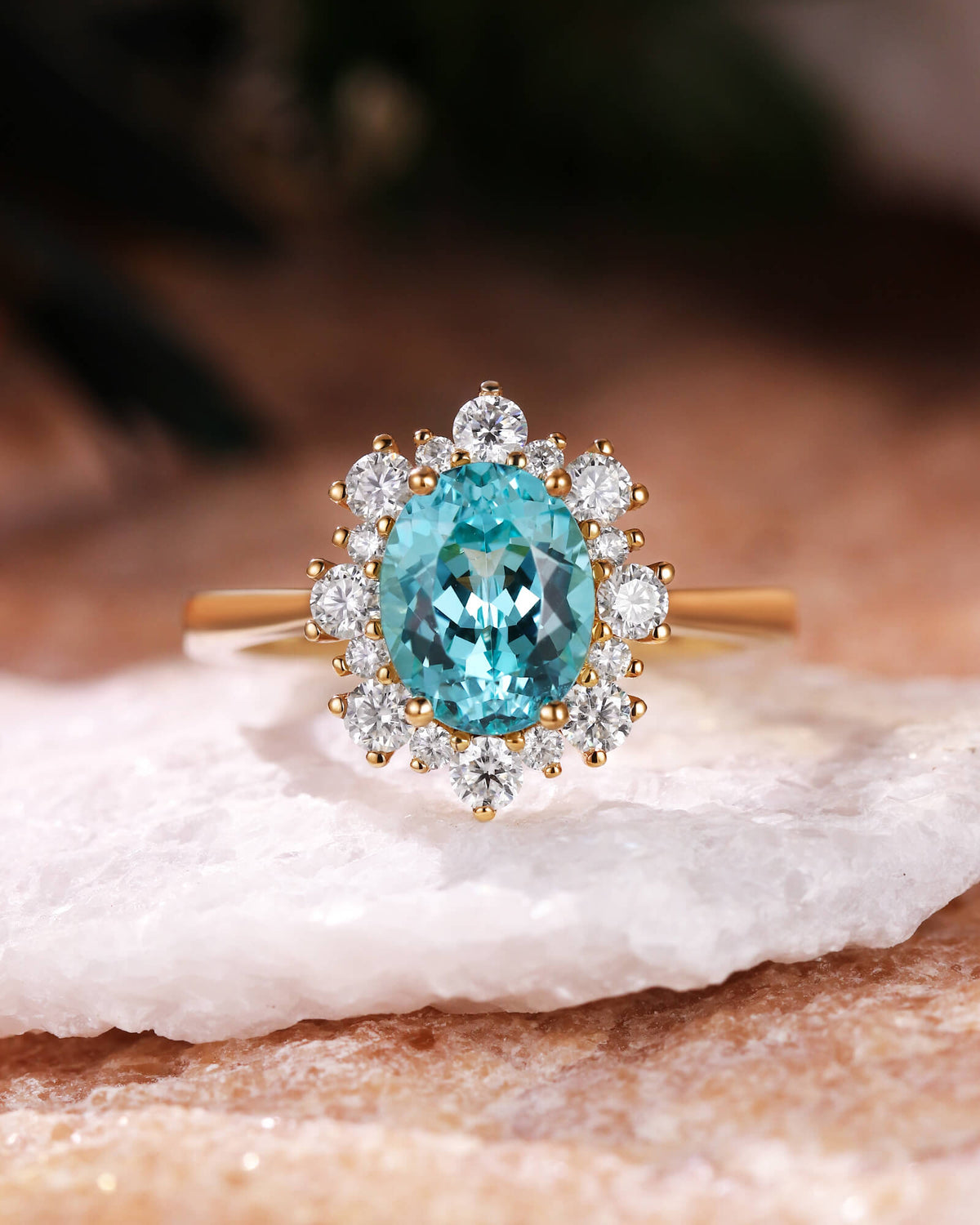 NERIDA Round Cut Alternating Sizes Moissanite Halo Oval Cut Paraiba Engagement Ring
