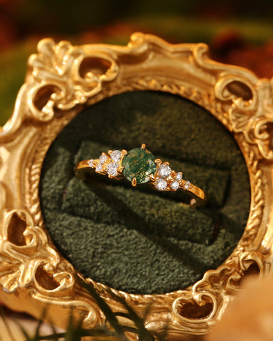 PINE Round Cut Cluster Moss Agate Engagement Ring