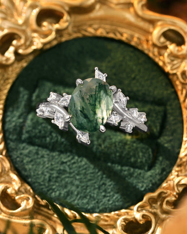 ODESSA Natural Oval Moss Agate Bypass Leaf Engagement Ring