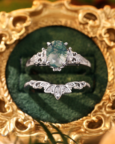 LOUISA Oval Shaped Moss Agate lotus Flower Engagement Ring Set