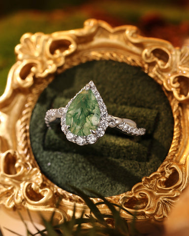 ANTHEA Halo Pear Cut Moss Agate Nature Inspired Engagement Ring