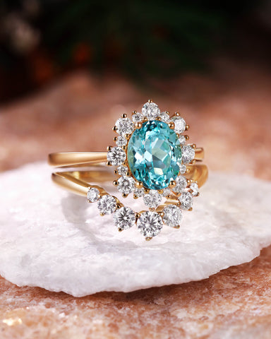 MARIS Unique Halo Moissanite Oval Cut Paraiba Engagement Ring Set 2PCS