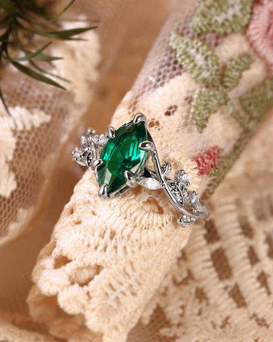 SYLVAIN Forest Fairy Marquise Cut Green Emerald Leafy Engagement Ring