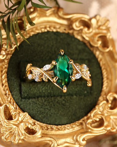 SYLVAIN Forest Fairy Marquise Cut Green Emerald Leafy Engagement Ring