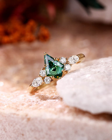 IMOGEN Kite Cut Teal Moissanite Engagement Ring Classic Side Stone Ring