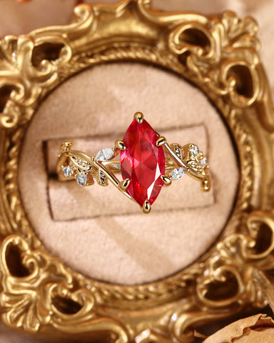 FLAMMA Nature Inspired Marquise Cut Ruby Leafy Fairy Engagement Ring