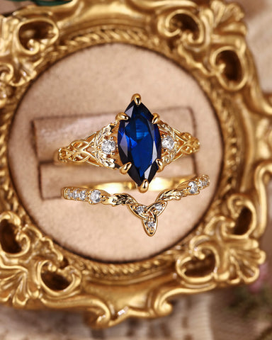 LUCILLE Marquise Cut Blue Sapphire Leaf & Knot Love Bridal Set 2pcs