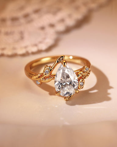 HELENE Pear Moissanite Flower & Leafy Engagement Ring