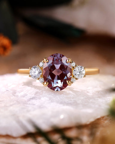 ALBA Oval Cut Alexandrite Engagement Ring with Moissanite Accent Stones