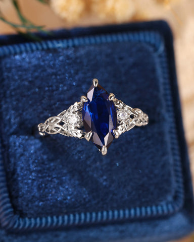 LUCILLE Marquise Cut Blue Sapphire Leaf & Knot Love Engagement Ring