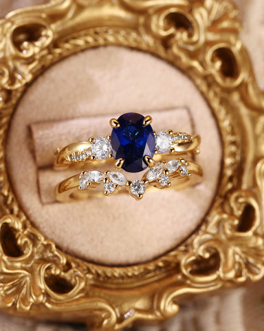 CYNTHIA Twisted Oval Cut Sapphire Cluster Bridal Set 2pcs