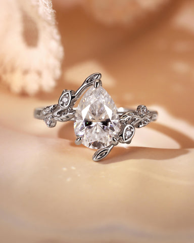 HELENE Pear Moissanite Flower & Leafy Engagement Ring
