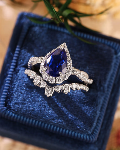 BLUEBELL Floral Inspired Pear Cut Blue Sapphire Engagement Ring Set